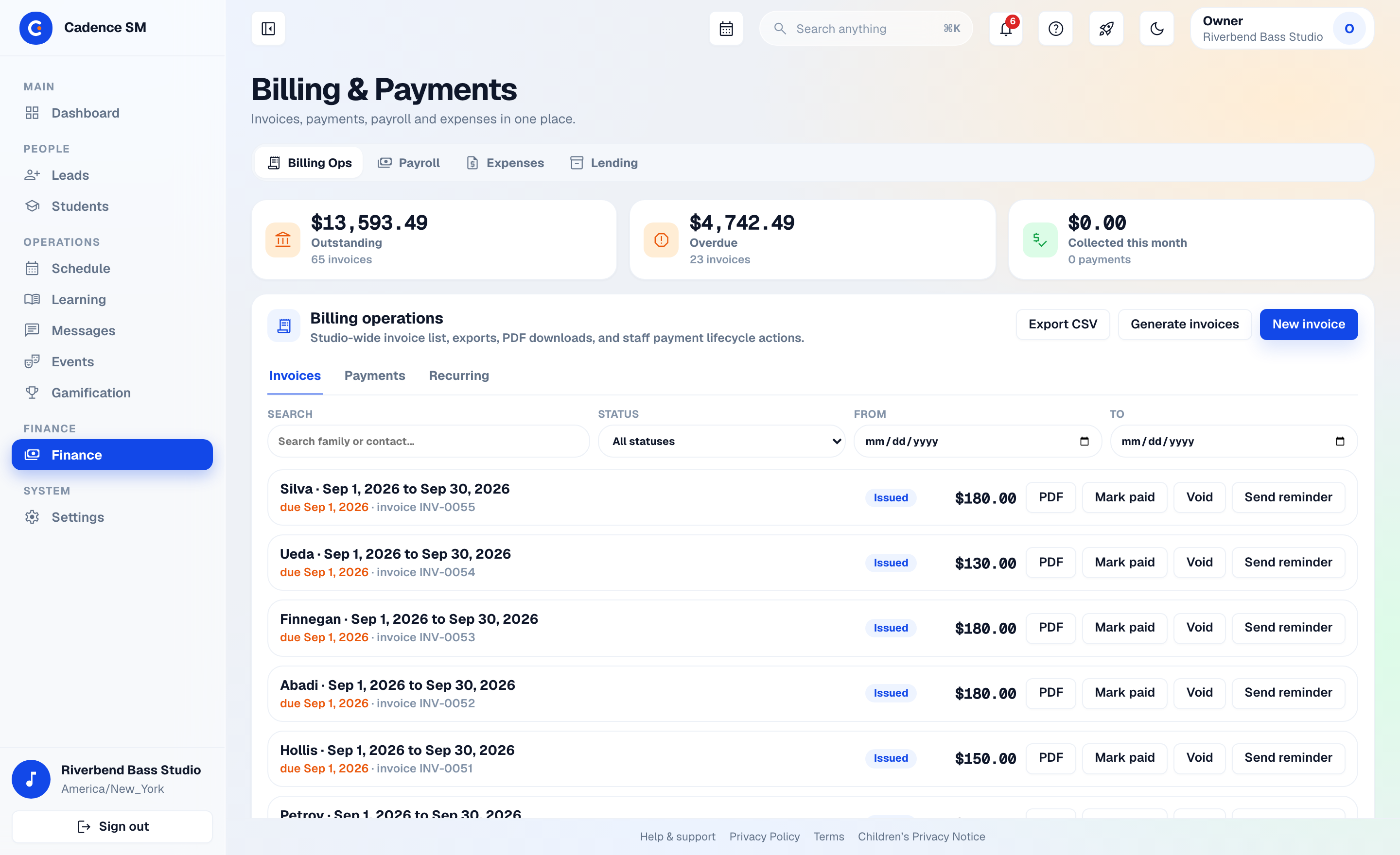 Finance › Billing Ops in the Glass UI: outstanding, overdue and collected totals above the invoice list, with export, generate-invoices and new-invoice actions