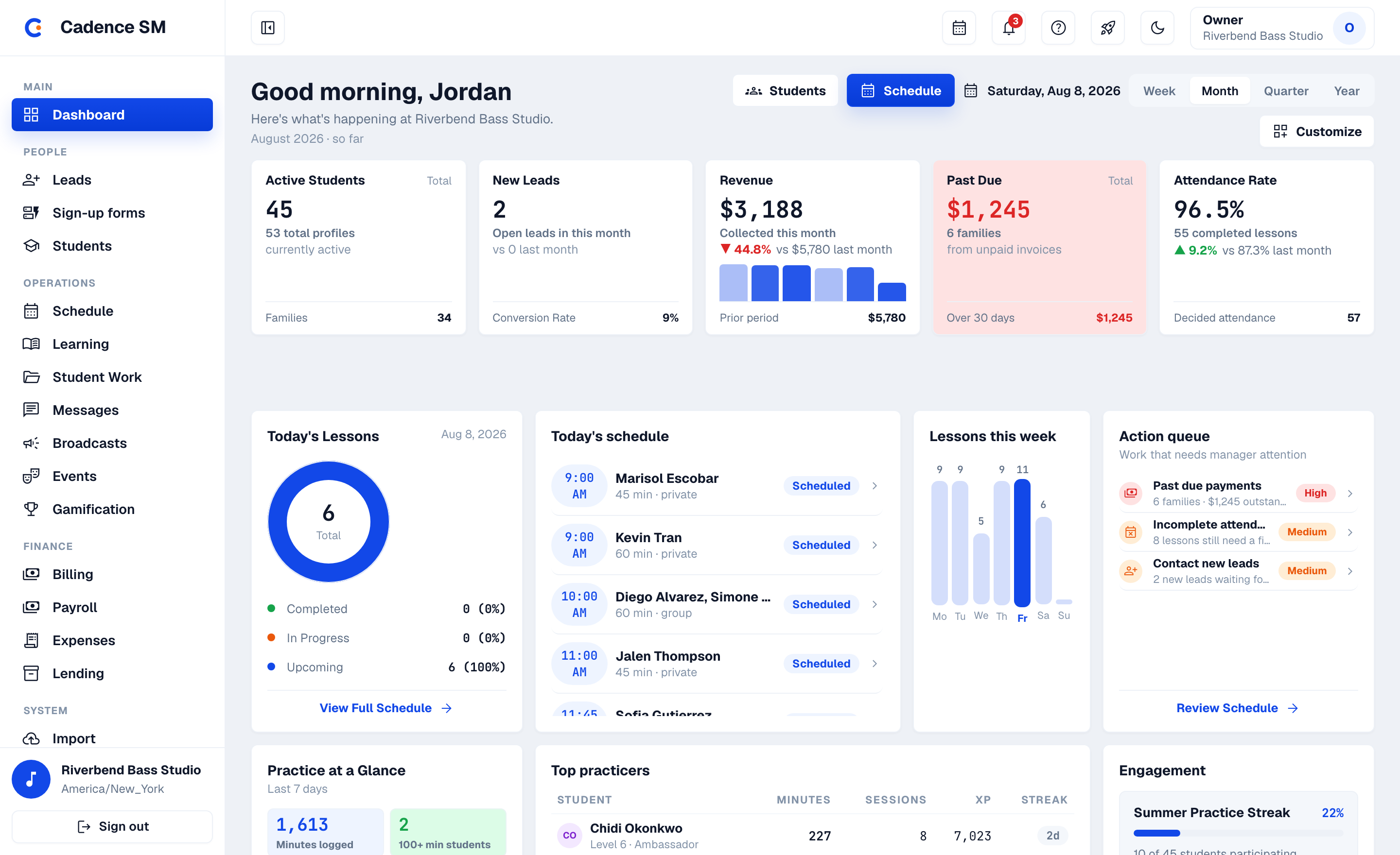 The Cadence SM owner dashboard: active students, revenue, attendance rate, today's lessons and the action queue