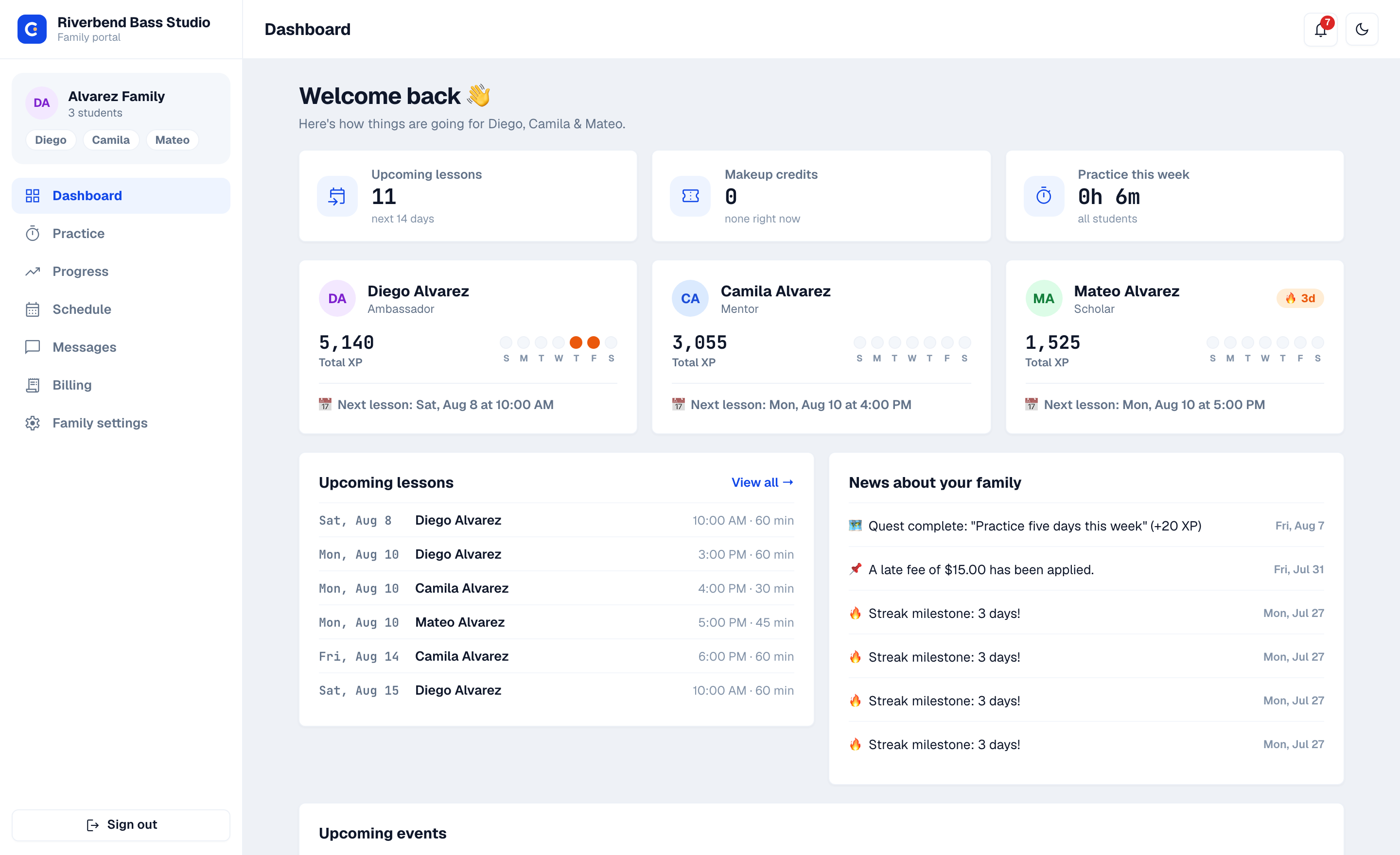 Family portal dashboard showing two children’s practice streaks and upcoming lessons