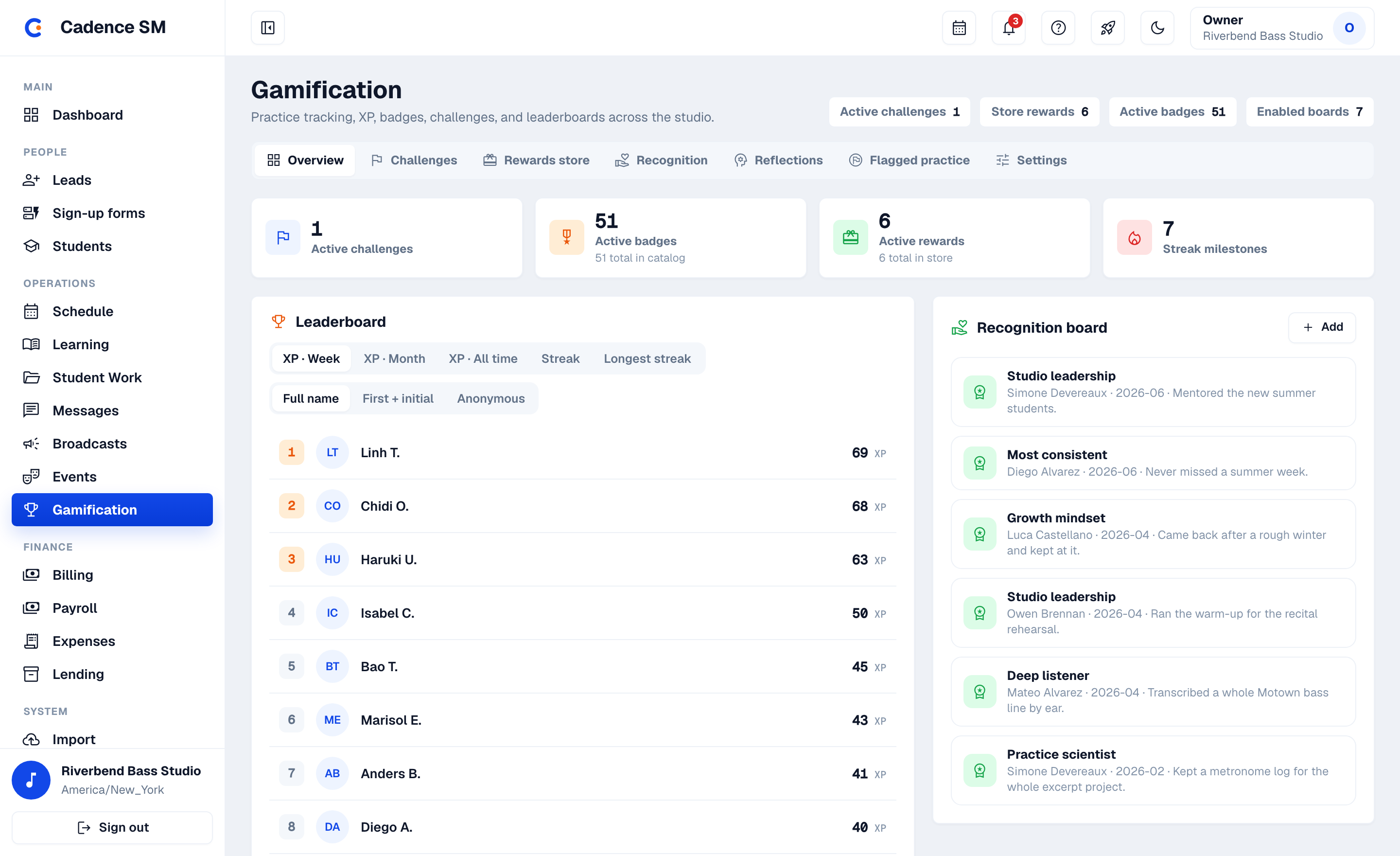 Gamification dashboard: XP, streaks, badges, challenges