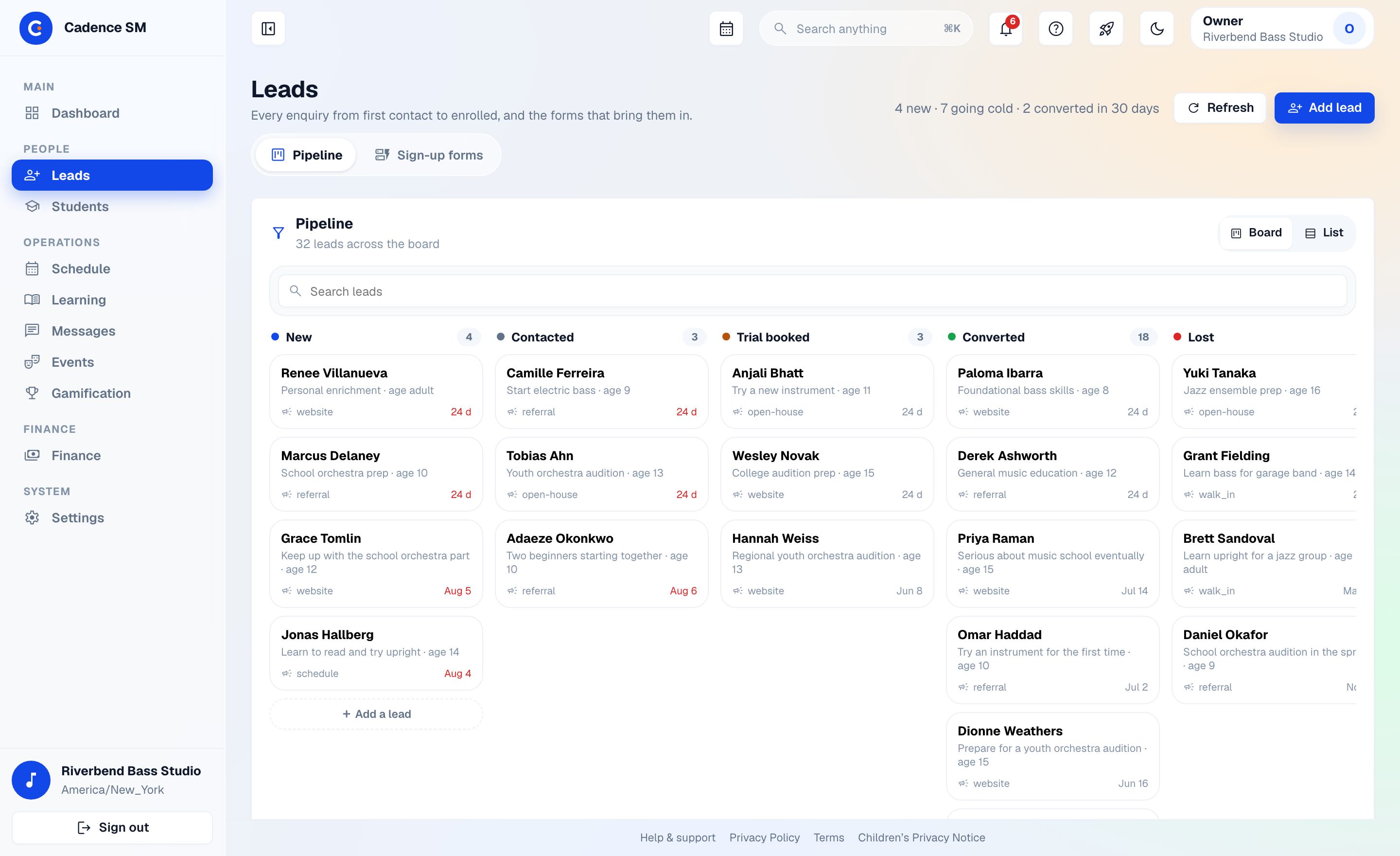 The Leads pipeline board: New, Contacted, Trial booked, Converted and Lost columns holding inquiry cards, with a Sign-up forms tab beside the board