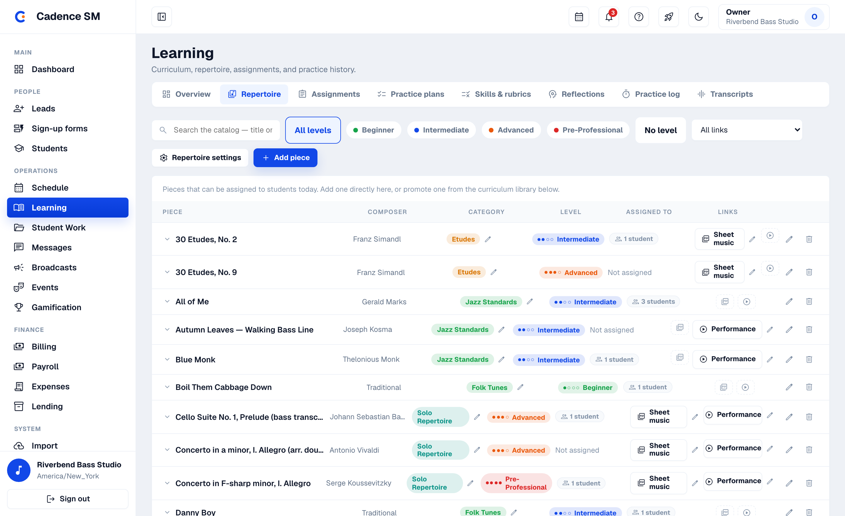 Learning workspace: repertoire, assignments, practice plans