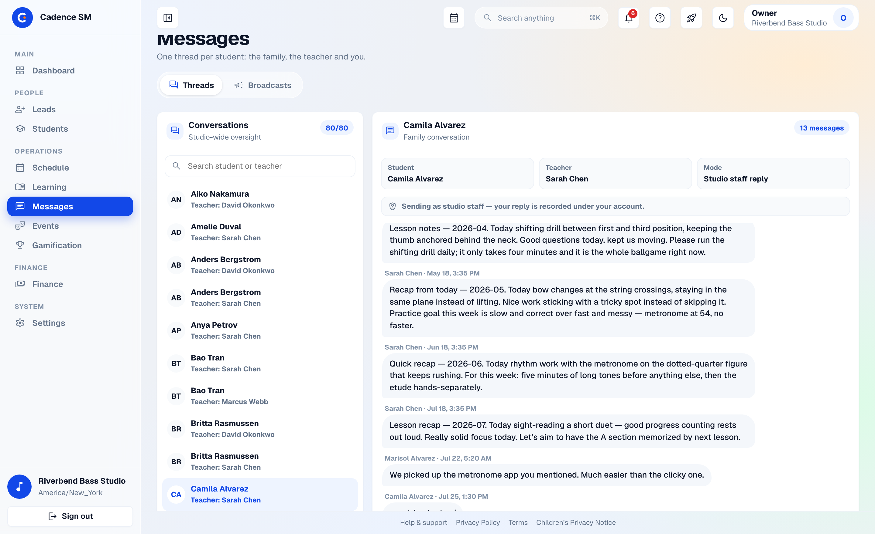 Messages in the Glass UI: the per-student channel list beside an open thread, read from the owner’s side