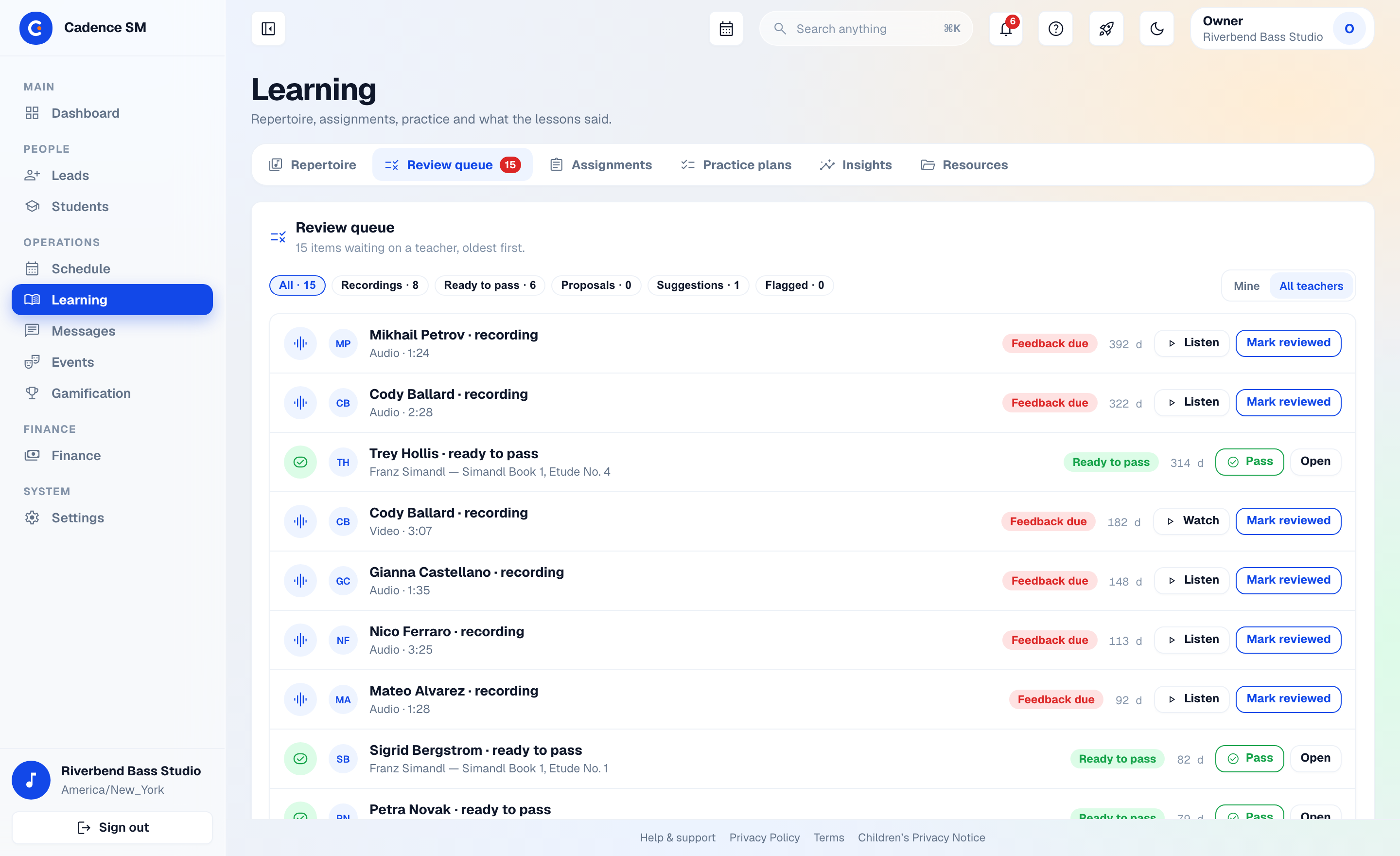 Learning › Review queue in the Glass UI: recordings awaiting feedback and flagged practice sessions listed for review