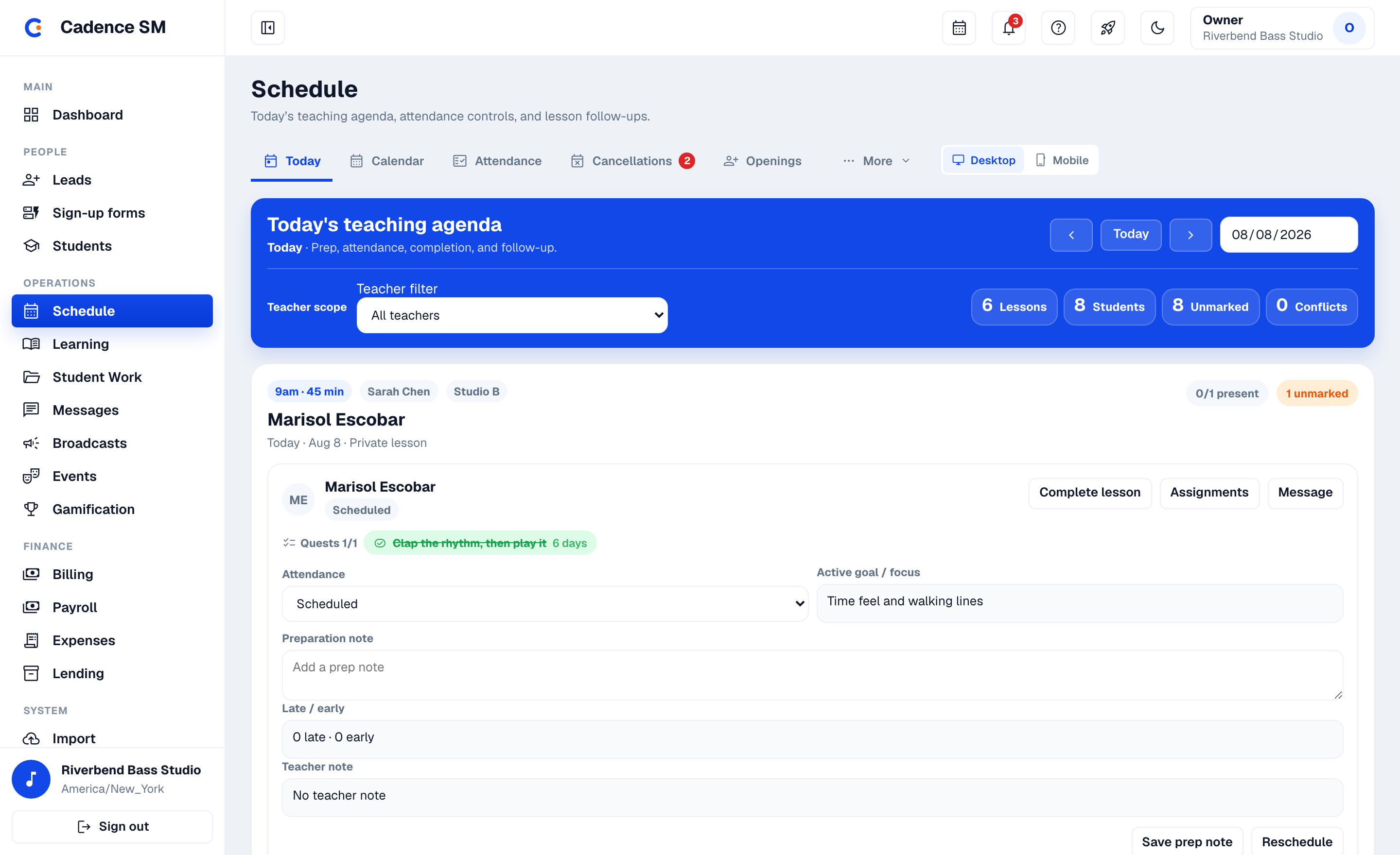 Weekly schedule view with recurring lesson blocks