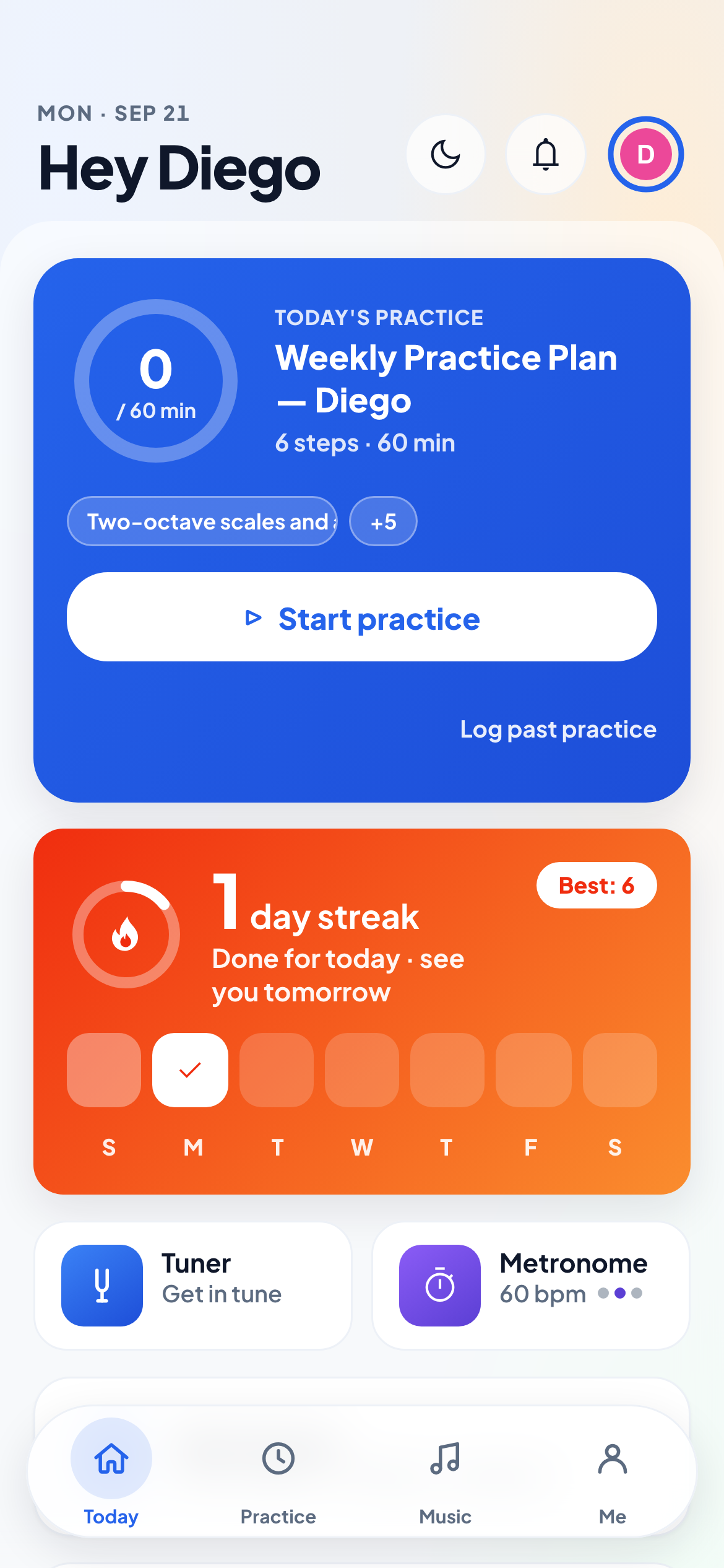 The student portal’s Today tab: the date kicker and greeting, the practice-plan hero with its goal ring and Start practice button, the Sunset streak card, Tuner and Metronome tiles, and the floating Today · Practice · Music · Me pill