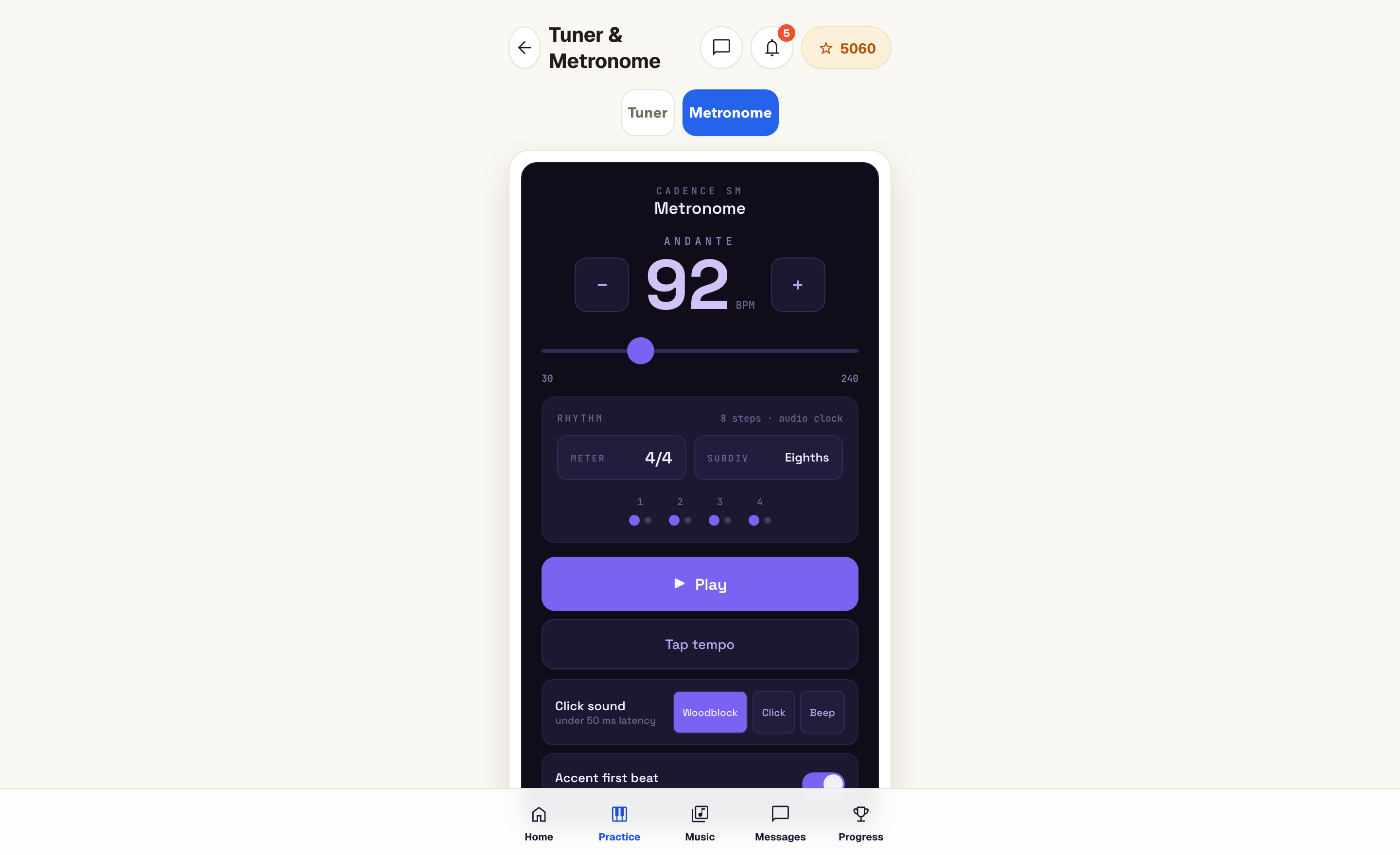 Student portal metronome at 92 BPM with meter and subdivision controls