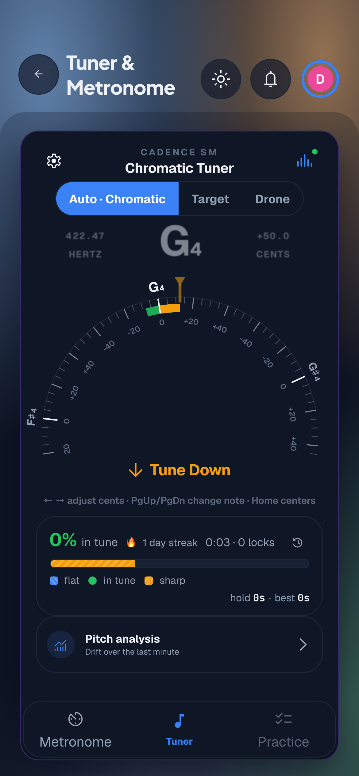 The student portal's chromatic tuner on the pastel ground: an arc gauge naming the note and how many cents sharp or flat, a which-way-to-turn cue, and tabs for auto-chromatic, target-note and drone modes