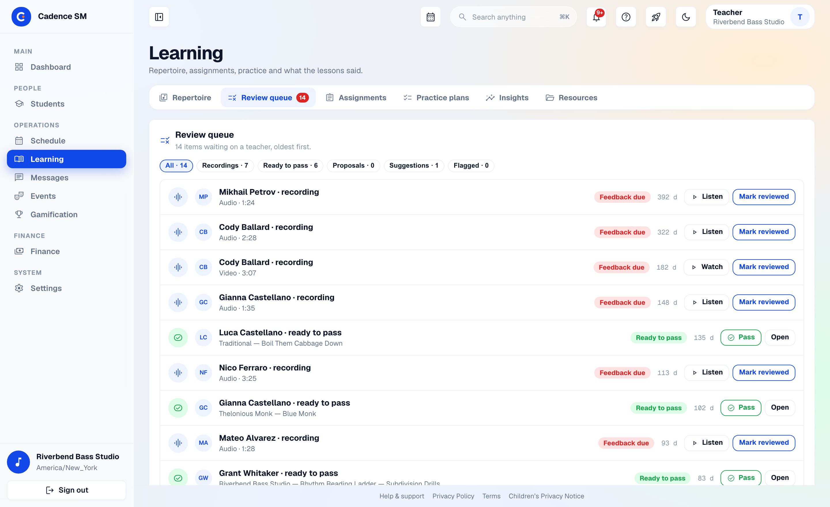 A teacher’s Review queue in the Glass UI: student recordings waiting for feedback, each with the student, the piece and when it was sent